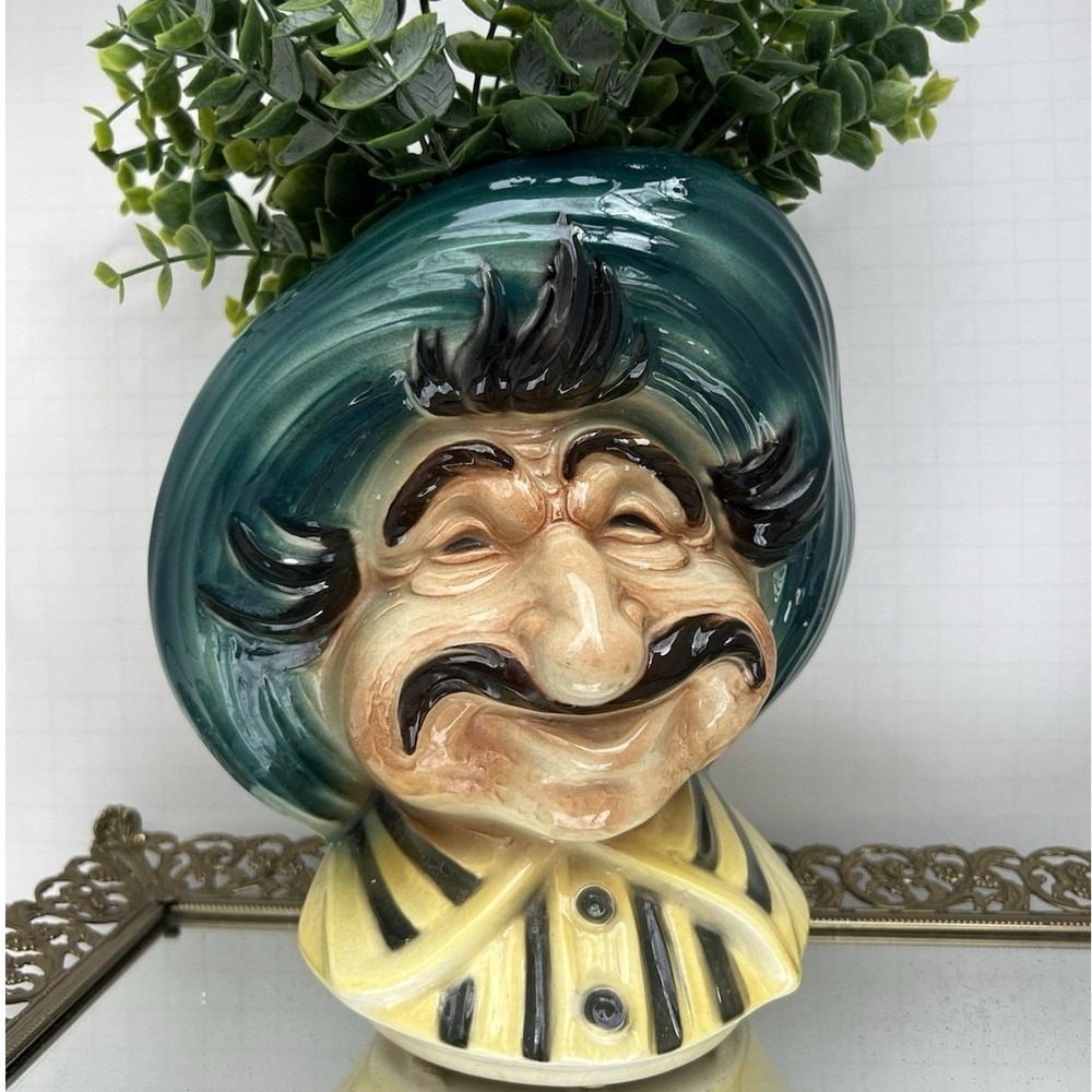 Vintage Royal Copley Tony Head Vase Planter Mustache Man Green Hat 1950s Ceramic